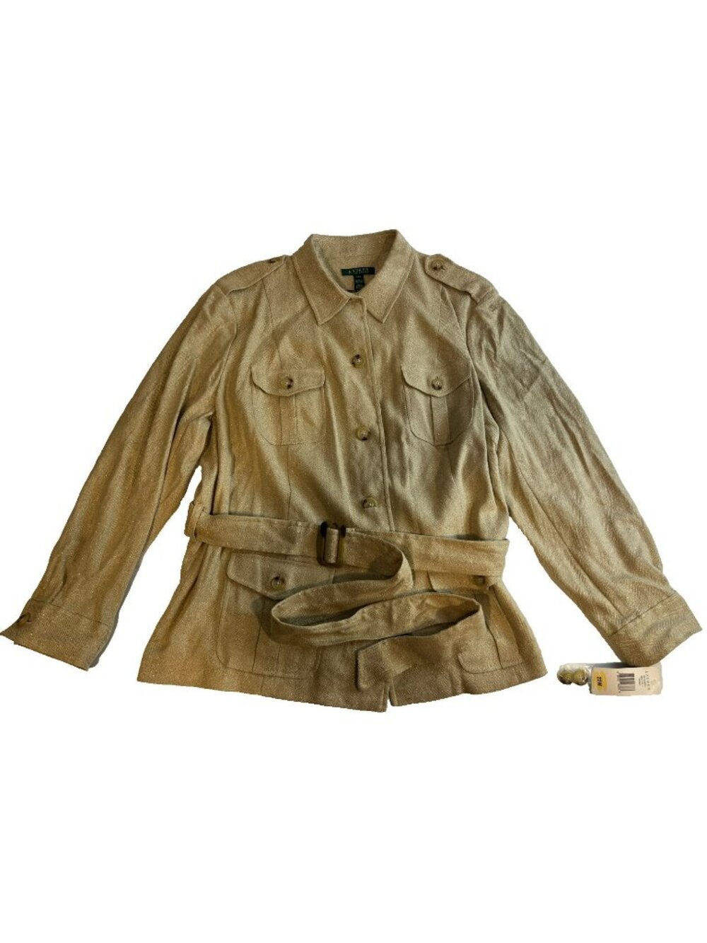 Lauren Ralph Lauren Women's Shimmer Khaki Button Down Belted Jacket 22W NEW